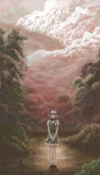 Rule 34 | 1girl, bow, cloud, cloudy sky, forest, frilled skirt, frills, full body, green eyes, hairband, highres, kai (ouf), konpaku youmu, looking at viewer, nature, outstretched arms, puffy sleeves, red sky, ribbon, shirt, shoes, short hair, short sleeves, silver hair, skirt, skirt set, sky, socks, solo, touhou, tree, vest, white shirt, white socks