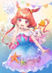 Rule 34 | 2girls, :d, animal ears, balloon, blue dress, blunt bangs, brown footwear, brown hair, chibi, collarbone, commentary request, copyright request, dress, fang, flower, frilled dress, frills, hair ornament, head tilt, highres, long hair, low twintails, momoshiki tsubaki, multiple girls, nail polish, off-shoulder dress, off shoulder, open mouth, pennant, pink dress, red eyes, red flower, sandals, see-through, shell hair ornament, silver hair, smile, standing, standing on one leg, star (symbol), starfish, string of flags, toenails, twintails, very long hair, virtual youtuber, water drop