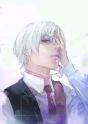 Rule 34 | 1boy, black necktie, black vest, closed mouth, collared shirt, covering one eye, grey background, hand on own face, highres, kaneki ken, kyuuba melo, long sleeves, male focus, necktie, shirt, short hair, simple background, smile, solo, tokyo ghoul, upper body, vest, white hair, white shirt