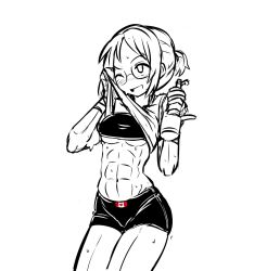 Rule 34 | 1girl, abs, bottle, breasts, canadian flag, deculture, female focus, glasses, highres, monochrome, muscular, muscular female, one eye closed, ponytail, short ponytail, shorts, smile, solo, spot color, sweat, underboob, water bottle, white background