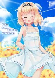 Rule 34 | 1girl, ^ ^, bare shoulders, black hairband, blue sky, blush, breasts, character name, closed eyes, cloud, collarbone, commentary request, cowboy shot, dated, day, dress, field, flower, flower field, gochuumon wa usagi desu ka?, hairband, halter dress, halterneck, happy, happy birthday, highres, kirima syaro, minato ojitan, no bra, open mouth, outdoors, short hair, skirt hold, sky, small breasts, smile, solo, standing, wavy hair, white dress