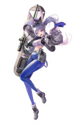 Rule 34 | 1girl, :d, absurdres, animal ears, arms up, belt, blue pants, boots, breasts, coat, crop top, cropped jacket, eyewear on head, fake animal ears, full body, fur-trimmed boots, fur trim, grey footwear, grey jacket, gun, weapon case, highres, jacket, long hair, long sleeves, looking at viewer, magazine (weapon), medium breasts, midriff, mittens, navel, open clothes, open jacket, open mouth, original, pants, puffy sleeves, purple eyes, purple hair, purple mittens, rabbit ears, rifle, scope, simple background, smile, sniper rifle, solo, sunglasses, tight clothes, tight pants, twintails, utility belt, weapon, white background