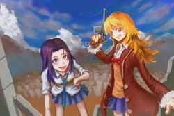 Rule 34 | 2girls, black hair, blonde hair, blue eyes, blue skirt, bow, bowtie, cloud, coat, coppelion, four organs, grin, gun, hand on own hip, handgun, looking at viewer, looking up, miniskirt, multiple girls, necktie, open mouth, outdoors, ozu kanon, ozu shion, pleated skirt, radiation symbol, red eyes, shirt, short sleeves, siblings, sisters, skirt, sky, smile, weapon, white shirt