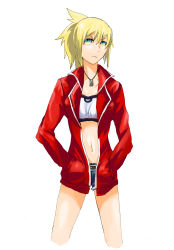 Rule 34 | 1girl, aqua/regia, blonde hair, casual, cutoffs, denim, denim shorts, dog tags, fate/apocrypha, fate (series), green eyes, hands in pockets, highres, jacket, long hair, mordred (fate), mordred (fate/apocrypha), navel, open clothes, open jacket, ponytail, red jacket, shorts, solo, strapless, tube top