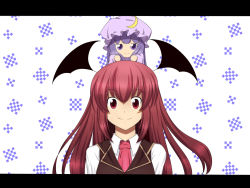 Rule 34 | 2girls, bad id, bad pixiv id, bat wings, chibi, chibi on head, crescent, destino, embodiment of scarlet devil, expressionless, female focus, hat, head wings, koakuma, letterboxed, long hair, mini person, minigirl, multiple girls, necktie, on head, patchouli knowledge, purple eyes, purple hair, red eyes, red hair, smile, touhou, vest, wings