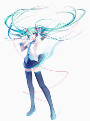 Rule 34 | 1girl, arm up, armpits, boots, detached sleeves, floating hair, green eyes, green hair, hatsune miku, hatsune miku (vocaloid3), headphones, ixima, long hair, matching hair/eyes, necktie, skirt, solo, thigh boots, thighhighs, twintails, very long hair, vocaloid, white background