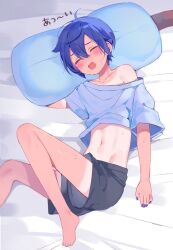 Rule 34 | 1boy, androgynous, bad feet, bare legs, barefoot, black shorts, blue hair, blue nails, blush, closed eyes, collarbone, foot out of frame, hair between eyes, kaito (vocaloid), legs, male focus, midriff, mogu (wy5xrt7w), navel, on bed, open mouth, oversized clothes, oversized shirt, pillow, shadow, shirt, short hair, short sleeves, shorts, sidelocks, single bare shoulder, solo, sweatdrop, tan, tanline, thighs, toes, vocaloid
