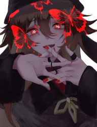 Rule 34 | 1girl, absurdres, bad id, bad twitter id, brown hair, bug, butterfly, flower-shaped pupils, genshin impact, hair between eyes, hat, highres, hu tao (genshin impact), insect, ix1xu, jewelry, long hair, long sleeves, looking at viewer, low twintails, multiple rings, nail polish, parted lips, red butterfly, red eyes, red nails, ring, simple background, solo, symbol-shaped pupils, twintails, upper body, white background