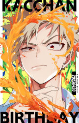 Rule 34 | 1boy, alternate hair color, bakugou katsuki, birthday, blue shirt, boku no hero academia, closed mouth, collared shirt, commentary request, foreground text, grey hair, halftone, hand up, highres, looking at viewer, male focus, open collar, outside border, paint splatter, paint splatter on face, paint stains, pillarboxed, pixiv id, pixiv logo, portrait, raised eyebrow, red eyes, shirt, short hair, solo, spiked hair, splashing, stained clothes, straight-on, swept bangs, text focus, timestamp, twitter logo, twitter username, ume (326310), uneven eyes, v-shaped eyebrows, wing collar, yellow background