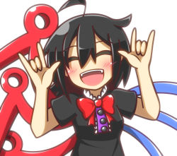 Rule 34 | 1girl, :d, \m/, ^ ^, asymmetrical wings, black hair, blush, closed eyes, double \m/, feiton, houjuu nue, looking at viewer, nico nico nii, open mouth, short hair, simple background, smile, solo, touhou, white background, wings