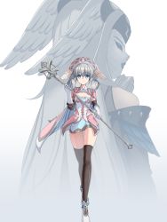 Rule 34 | absurdres, blue eyes, cape, dress, grey hair, hat, head wings, highres, melia antiqua, o-ring, revvie, short dress, simple background, solo, staff, thighhighs, white background, wings, xenoblade chronicles (series), xenoblade chronicles 1, xenoblade chronicles 3