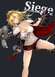 Rule 34 | 1girl, absurdres, animal ears, arknights, black background, black jacket, blonde hair, breasts, brown eyes, character name, cleavage, commentary, fur-trimmed jacket, fur-trimmed shorts, fur trim, hammer, highres, holding, holding hammer, holding weapon, jacket, kuromu, large breasts, lion ears, lion tail, long hair, mouth hold, open clothes, open jacket, red shorts, short shorts, shorts, siege (arknights), simple background, solo, tail, tank top, thighs, weapon, white tank top