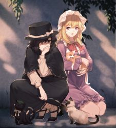Rule 34 | 2girls, black capelet, black cat, black eyes, black footwear, black hair, black headwear, black skirt, blonde hair, bow, bowtie, capelet, cat, chen, chen (cat), commentary request, dress, fedora, hair over one eye, hand up, hat, hat bow, highres, houraisan chouko, kneeling, long hair, long skirt, long sleeves, looking at another, maribel hearn, mob cap, multiple girls, multiple tails, nekomata, purple dress, purple eyes, red bow, red neckwear, ribbon-trimmed skirt, ribbon trim, shadow, shirt, shoes, short dress, short hair, skirt, socks, squatting, tail, touhou, two tails, usami renko, white bow, white headwear, white legwear, white shirt