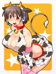 Rule 34 | 10s, 1girl, animal ears, animal print, bell, blush, breasts, brown eyes, brown hair, cleavage, collar, cow ears, cow horns, cow print, cow tail, cowbell, elbow gloves, gloves, headset, highres, horns, idolmaster, idolmaster cinderella girls, large breasts, neck bell, nokoppa, oikawa shizuku, pink thighhighs, short hair, skirt, smile, tail, thighhighs