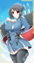 Rule 34 | 10s, 1girl, ascot, black gloves, black hair, blush stickers, breasts, bursting breasts, curvy, gloves, hand on own hip, hat, highres, huge breasts, kantai collection, kurokaze no sora, long sleeves, looking at viewer, military, military hat, military uniform, personification, red eyes, short hair, smile, solo, takao (kancolle), thick thighs, thighhighs, thighs, uniform, wide hips