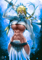 Rule 34 | 1girl, abs, bleach, blonde hair, blue background, breasts, covered mouth, dark-skinned female, dark skin, female focus, green eyes, highres, holding, holding sword, holding weapon, large breasts, long hair, looking at viewer, muscular, muscular female, navel, revealing clothes, solo, sword, the golden smurf, tier harribel, underboob, weapon, wide hips