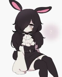 Rule 34 | :&lt;, ?, aliceyawnin, animal ears, ascot, belt, black belt, black hair, black shirt, black skirt, black thighhighs, grey eyes, hair over one eye, highres, long sleeves, looking at viewer, low twintails, original, rabbit-shaped pupils, rabbit ears, rabbit tail, shirt, simple background, sitting, skirt, sleeves past fingers, sleeves past wrists, solo, symbol-shaped pupils, tail, thighhighs, twintails, white ascot, white background, white sleeves