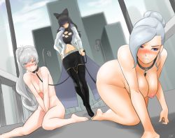 Rule 34 | 3girls, all fours, barefoot, bdsm, black hair, blake belladonna, blush, boots, breasts, building, city, clenched teeth, clothed female nude female, coat, collar, crawling, dutch angle, embarrassed, faceless, faceless female, femdom, hair bun, hanging breasts, humiliation, lamppost, large breasts, leash, long hair, midriff, miniskirt, multiple girls, nipples, nude, outdoors, pencil skirt, pet play, public indecency, public nudity, purple eyes, road, rwby, shaded face, short hair, side ponytail, sinccubi, single hair bun, skirt, skyscraper, slave, smile, street, teeth, thigh boots, thighhighs, weiss schnee, white hair, winter schnee, yuri, zettai ryouiki
