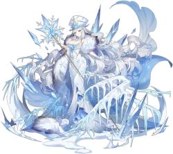 Rule 34 | 1girl, ark order, blue cape, blue eyes, breasts, cape, cleavage, coat, diadem, dress, frozen, fur coat, gloves, hat, hatoyama itsuru, highres, holding, holding staff, huge breasts, ice, long dress, looking at viewer, official art, sleeveless, sleeveless dress, snow, snowflake print, snowflakes, solo, staff, tachi-e, the snow queen, the snow queen (ark order), transparent background, white dress, white gloves, white hair, white hat