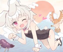 Rule 34 | 1girl, ;d, animal, animal ears, bare shoulders, bird, black footwear, black leotard, blush, bow, bowtie, breasts, collar, detached collar, egasumi, eggplant, fang, food, full body, grey hair, hand up, hatsuyume, hawk, high heels, highres, kemonomimi mode, kibisake, leotard, looking at viewer, mount fuji, new year, one eye closed, open mouth, original, paw pose, pink bow, pink bowtie, pink eyes, playboy bunny, rabbit ears, rabbit tail, shoes, short eyebrows, shouryouuma, small breasts, smile, solo, strapless, strapless leotard, sun, tail, thick eyebrows, torii koyomi, white collar, wrist cuffs