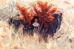 Rule 34 | 1girl, abstract, absurdres, black hair, black skirt, collared shirt, grass, highres, jewelry, leaf, long hair, looking at viewer, necklace, no nose, original, outdoors, plant, shirt, short sleeves, sizucomaru, skirt, smile, solo, white shirt, wind