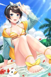 Rule 34 | 1girl, :d, absurdres, aqua eyes, arm up, bare legs, beach, bikini, bikini under clothes, black hair, blue hairband, blue jacket, blue ribbon, blush, breasts, cleavage, collarbone, commentary request, convenient leg, day, feet, flower, hairband, hibiscus, hibiscus petals, highres, hololive, jacket, kurageso, lens flare, long sleeves, looking at viewer, nail polish, on ground, oozora subaru, oozora subaru (hololive summer 2019), open clothes, open jacket, open mouth, orange bikini, orange nails, outdoors, petals, polka dot, polka dot hairband, polka dot ribbon, red flower, ribbon, rubber duck, sandals, shallow water, sitting, small breasts, smile, solo, striped bikini, striped clothes, swept bangs, swimsuit, toenail polish, toenails, toes, virtual youtuber, water, yellow ribbon