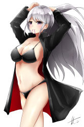 Rule 34 | 1girl, azur lane, bikini, bikini day, black bikini, black coat, blush, breasts, cleavage, closed mouth, coat, commentary request, cowboy shot, enterprise (azur lane), hair between eyes, highres, large breasts, long hair, mouth hold, navel, open clothes, open coat, purple eyes, rubber band, silver hair, simple background, solo, standing, swimsuit, tosaka0002, tying hair, white background
