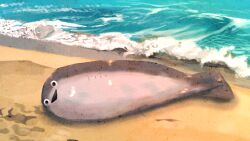 Rule 34 | animal focus, beach, beached, black mouth, clip studio paint (medium), day, dead animal, fish, no humans, ocean, open mouth, original, outdoors, sacabambaspis, sand, sayoselene, shore, triangle mouth, water, waves, what