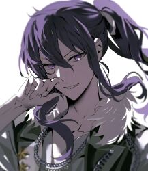 Rule 34 | 1boy, chain, chain necklace, eichi turnr, ensemble stars!, fur-trimmed jacket, fur trim, green jacket, grey background, grey shirt, highres, jacket, jewelry, kanzaki souma, long hair, looking at viewer, male focus, necklace, ponytail, purple eyes, purple hair, shirt, short sleeves, simple background, smirk, solo, teeth