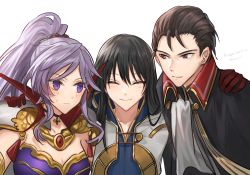 Rule 34 | 1boy, 2girls, ascot, black eyes, black hair, blush, boy and girl sandwich, closed eyes, commission, commissioner upload, fire emblem, fire emblem: genealogy of the holy war, fire emblem: thracia 776, fire emblem heroes, group hug, hair ornament, highres, hug, ishtar (fire emblem), jewelry, kiran (fire emblem), long hair, looking at another, looking to the side, multiple girls, nintendo, original, purple eyes, purple hair, reinhardt (fire emblem), sandwiched, skeb commission, smile, voyager bihai