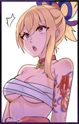 Rule 34 | 1girl, ^^^, absurdres, aoiabyss, artist name, bandages, bandeau, bare shoulders, black border, blonde hair, border, breasts, brown eyes, chest sarashi, choker, cleavage, commentary, genshin impact, hair between eyes, highres, long hair, medium breasts, midriff, open mouth, orange choker, ponytail, sarashi, shoulder tattoo, sidelocks, signature, simple background, solo, stomach, strapless, tattoo, tube top, underboob, upper body, white background, yoimiya (genshin impact)