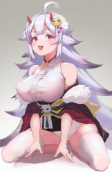 Rule 34 | 1girl, ahoge, alternate breast size, azur lane, blush, fur trim, grey background, hair ornament, heart, heart-shaped pupils, hibiki (azur lane), highres, horns, long hair, long sleeves, looking at viewer, nather, oni horns, open mouth, red eyes, silver hair, sitting, smile, solo, symbol-shaped pupils, thighhighs, very long hair, white thighhighs