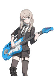 1girl absurdres black_footwear black_jacket black_necktie black_shorts black_thighhighs boots closed_mouth collared_shirt electric_guitar gan_xing_naobing garter_straps girls_band_cry grey_eyes grey_hair guitar highres instrument jacket kawaragi_momoka long_hair long_sleeves multicolored_hair necktie playing_guitar roots_(hair) shirt shorts simple_background single_thigh_boot solo striped_necktie thigh_boots thighhighs white_background white_shirt