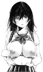 Rule 34 | 1girl, absurdres, bag, black hair, black skirt, blush, bow, bowtie, bra, bra pull, breasts, cleavage, clothes pull, gagaimo, greyscale, hair between eyes, highres, large breasts, long hair, looking at viewer, midriff, monochrome, nipples, open clothes, open mouth, open shirt, original, polka dot, polka dot bra, school bag, school uniform, simple background, skirt, solo, underwear
