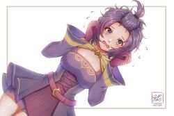 Rule 34 | 1girl, bernadetta von varley, breasts, cleavage, commentary, cowboy shot, dress, fire emblem, fire emblem: three houses, fire emblem warriors: three hopes, flying sweatdrops, front ponytail, gloves, grey eyes, hands up, highres, large breasts, long sleeves, looking at viewer, nintendo, official alternate costume, official alternate hairstyle, open mouth, purple dress, purple gloves, purple hair, short dress, short hair, smkittykat, solo, standing, thighs, white background