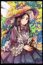 Rule 34 | 10s, 1girl, alternate costume, araiguma (gomipanda123), asirpa, blue eyes, bow, bowtie, cowboy shot, dagger, dress, earrings, flower, frilled dress, frills, golden kamuy, hat, hat feather, hat flower, highres, hoop earrings, jewelry, knife, lolita fashion, looking at viewer, parted bangs, solo, sunflower, weapon