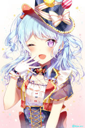 Rule 34 | 1girl, ;d, back bow, balloon, bang dream!, blue hair, blush, bow, bowtie, center frills, corset, cropped vest, detached collar, frills, gloves, hair bow, hand to own mouth, hat, hat ribbon, highres, long hair, looking at viewer, matsubara kanon, multicolored clothes, one eye closed, one side up, open mouth, red bow, ribbon, short sleeves, smile, solo, striped ribbon, taya oco, top hat, twitter username, upper body, vest, white gloves, wrist bow