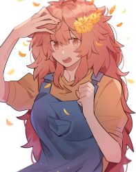 Rule 34 | 1girl, apron, egokoro nao, eyes visible through hair, flower, hair flower, hair ornament, hand in own hair, highres, kimi ga shine, knzm13, long hair, looking at viewer, open mouth, petals, pocket, puffy short sleeves, puffy sleeves, shirt, short sleeves, simple background, smile, solo focus, teeth, upper body, white background, yellow shirt