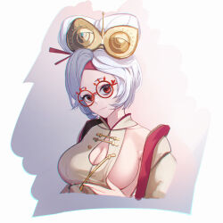 Rule 34 | 1girl, breasts, cleavage, cleavage cutout, closed mouth, clothing cutout, collarbone, cropped torso, glasses, goggles, goggles on head, gradient background, head tilt, highres, large breasts, looking at viewer, nintendo, purah, red-framed eyewear, red eyes, round eyewear, short hair, smile, solo, teasing, the legend of zelda, the legend of zelda: tears of the kingdom, upper body, zoffyshiniki