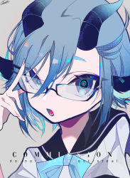 Rule 34 | 1girl, animal ears, blue eyes, blue hair, clark niel, close-up, commission, eyelashes, fingernails, glasses, goat ears, goat horns, hair between eyes, highres, horns, looking at viewer, mochizuki kei (style), nail polish, open mouth, original, pink nails, sailor collar, short eyebrows, short hair, solo