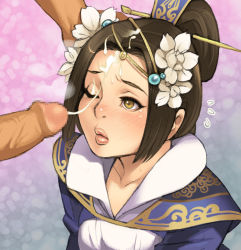 Rule 34 | 1girl, bad id, bad pixiv id, blush, brown eyes, brown hair, cai wenji, cai wenji (shin sangoku musou), censored, chinese clothes, cum, cum string, facial, flower, hair flower, hair ornament, hair stick, half updo, hand on another&#039;s face, long hair, maou alba, mosaic censoring, nose, one eye closed, penis, pointless censoring, sangokushi taisen, shin sangoku musou, solo focus, tears, wince