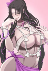 Rule 34 | 1girl, black hair, breasts, collarbone, facial mark, fate/grand order, fate (series), flower, forehead mark, hair flower, hair ornament, jewelry, large breasts, licking lips, long hair, navel, necklace, pink background, sessyoin kiara, sessyoin kiara (swimsuit mooncancer), simple background, solo, tongue, tongue out, very long hair, wide hips, yasaka, yellow eyes