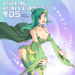 Rule 34 | 1990s (style), 1girl, breasts, cleavage, detached sleeves, final fantasy, final fantasy iv, green eyes, green hair, large breasts, leaning forward, matching hair/eyes, rydia (ff4), solo, souchi, thighhighs