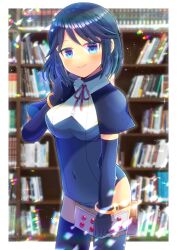 Rule 34 | 1girl, bag, black capelet, black gloves, black thighhighs, blue eyes, blue hair, blue leotard, blurry, blurry background, book, bookshelf, capelet, closed mouth, commentary request, commission, copyright request, covered navel, cowboy shot, depth of field, elbow gloves, gloves, holding, kou hiyoyo, leotard, neck ribbon, red ribbon, ribbon, satchel, skeb commission, smile, solo, standing, thighhighs, virtual youtuber