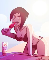 Rule 34 | 1girl, :d, absurdres, bare arms, beach, bikini, black hair, breasts, collarbone, commentary, english commentary, food, highres, holding, holding food, holding popsicle, leaning forward, looking at viewer, lotion, medium breasts, multi-strapped bikini bottom, navel, open mouth, original, outdoors, popsicle, red eyes, sam logan, smile, solo, sunscreen, swimsuit, toon (style), vampire