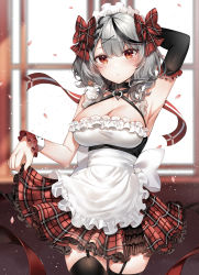 Rule 34 | 1girl, absurdres, adapted costume, alternate costume, apron, arm behind head, arm up, armpits, black gloves, black hair, black thighhighs, blush, bow, braid, breasts, cleavage, closed mouth, collar, collarbone, cowboy shot, elbow gloves, enmaided, frilled apron, frilled skirt, frills, garter straps, gloves, hair bow, hair ornament, hairclip, highres, hololive, indoors, large breasts, looking at viewer, maid, maid headdress, miniskirt, multicolored hair, petals, plaid, plaid bow, plaid skirt, red bow, red eyes, red skirt, sakamata chloe, sakamata chloe (1st costume), short hair, silver hair, single elbow glove, single glove, skirt, skirt hold, sleeveless, solo, streaked hair, thighhighs, two-tone hair, underbust, virtual youtuber, waist apron, white apron, window, wrist cuffs, x hair ornament, yukineko1018, zettai ryouiki