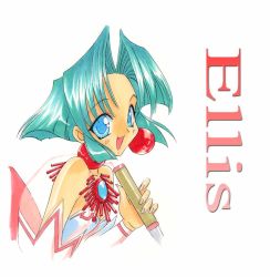 Rule 34 | 1990s (style), 1girl, blue eyes, character name, dagger, earrings, ellis (toushinden), fingernails, green hair, happy, holding, holding dagger, holding knife, holding weapon, jewelry, knife, leotard, nanase aoi, necklace, open mouth, retro artstyle, see-through, see-through sleeves, short hair, sidelocks, simple background, solo, toushinden, weapon, white background, wrist cuffs