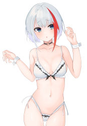 Rule 34 | 1girl, absurdres, admiral graf spee (azur lane), azur lane, bare shoulders, bikini, blue eyes, breasts, choker, cleavage, collarbone, commentary, cowboy shot, frills, hands up, highleg, highleg bikini, highres, looking at viewer, medium breasts, multicolored hair, navel, parted lips, red hair, short hair, side-tie bikini bottom, silver hair, simple background, solo, standing, stomach, streaked hair, swimsuit, thighs, white background, white bikini, wrist cuffs, xochi (nueeen6978)