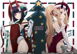 Rule 34 | 2023, 2girls, b.d, bare shoulders, blonde hair, breasts, christmas, covered navel, dress, earrings, elbow gloves, eyeliner, facial mark, fate/grand order, fate (series), forehead, forehead mark, fur-trimmed dress, fur-trimmed headwear, fur trim, gloves, hair pulled back, hat, highres, horns, ibaraki douji (fate), jewelry, long hair, looking at viewer, looking back, makeup, multiple girls, oni, pelvic curtain, pointy ears, ponytail, purple eyes, purple hair, red dress, red headwear, sack, santa costume, santa hat, short hair, shuten douji (fate), skin-covered horns, small breasts, smile, tattoo, thighhighs, white gloves, white thighhighs, yellow eyes