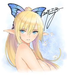 Rule 34 | 1girl, 2018, arms at sides, bare arms, bare shoulders, blonde hair, blue eyes, breasts, butterfly hair ornament, collarbone, commentary request, dated, elf, floral background, flower, hair between eyes, hair ornament, highres, kirika towa alma, large breasts, long hair, looking at viewer, official art, parted lips, pointy ears, ponytail, shining (series), shining resonance, sidelocks, signature, simple background, smile, solo, teeth, tony taka, upper body